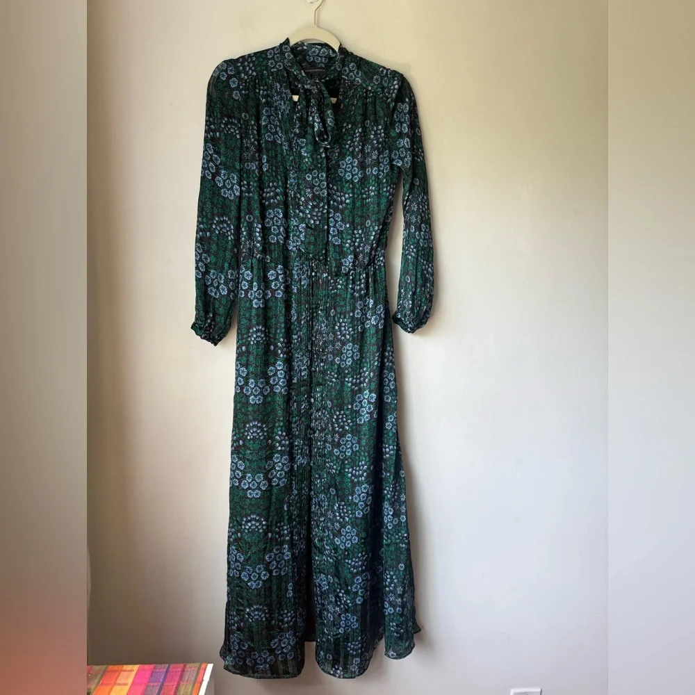 Banana Republic Olivia Palermo Green & Blue Floral Neck-Tie Maxi Shirtdress S - Picture 5 of 8
